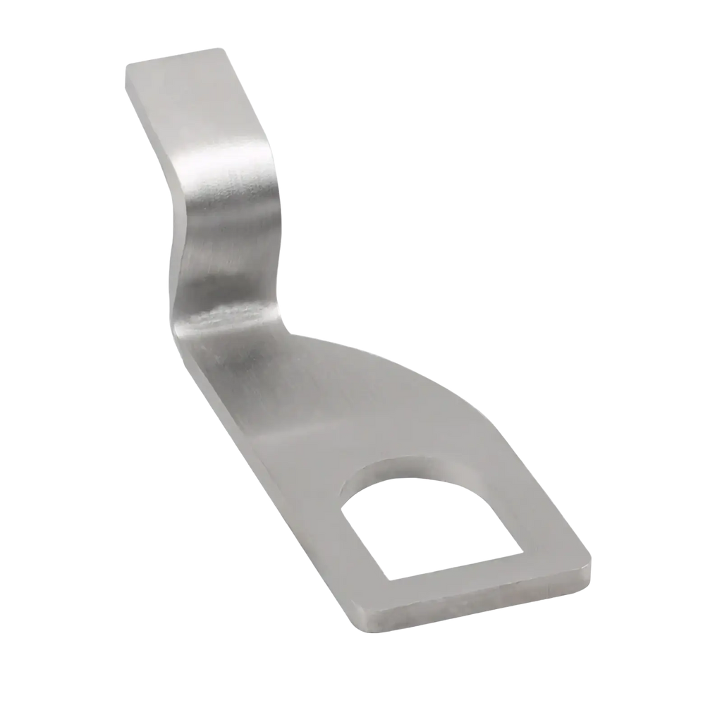 Silver metallic stainless steel l-shaped vehicle tailgate standoff vent lock bracket with rounded rectangular cutout at base