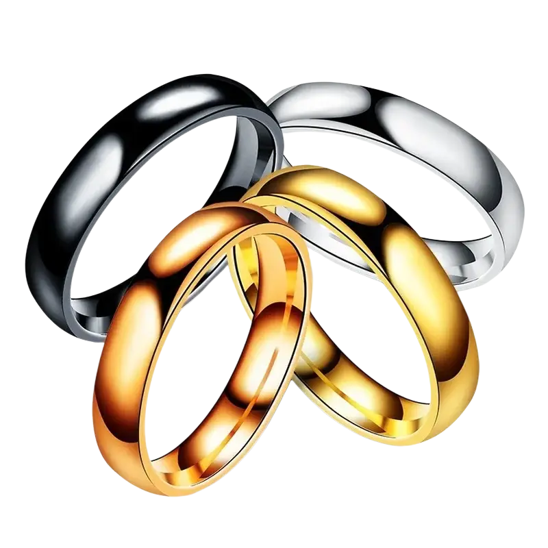 Set of four stainless steel wedding bands in rose gold, black, white gold, and yellow gold polished finishes