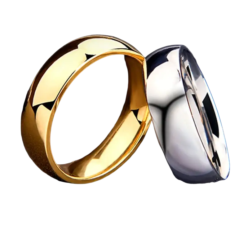 Rose gold and silver polished stainless steel wedding band rings with smooth reflective surface 6mm width