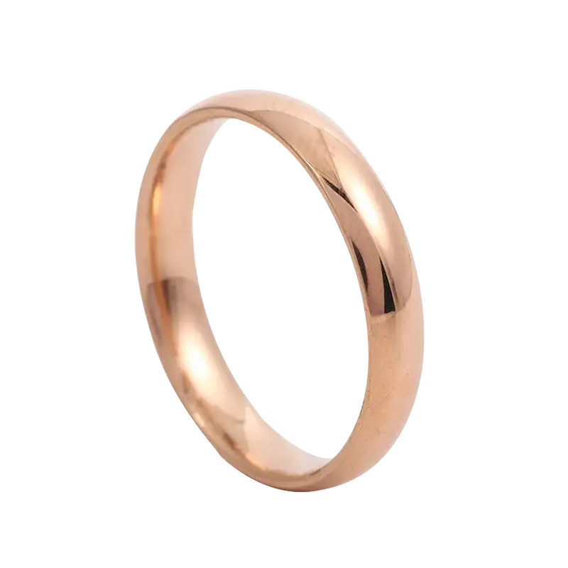 A sleek 6mm rose gold stainless steel wedding band with a smooth polished finish and subtle twisted design
