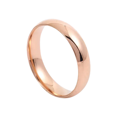 A sleek rose gold stainless steel wedding band with a smooth polished finish and classic rounded profile