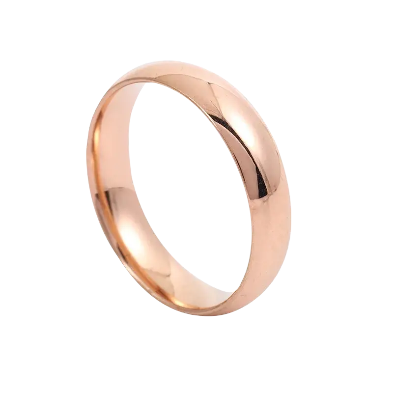 A sleek rose gold stainless steel wedding band with a smooth polished finish and classic rounded profile