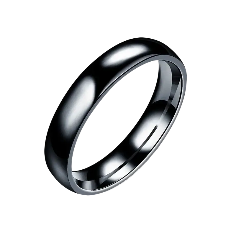 A sleek black tungsten carbide wedding band with polished finish and bevel paired with a 6mm rose gold stainless steel ring