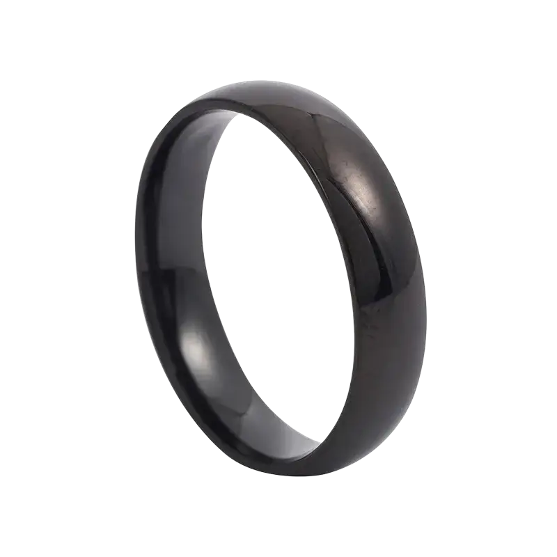 A sleek black tungsten carbide wedding band with polished finish complements a rose gold stainless steel ring