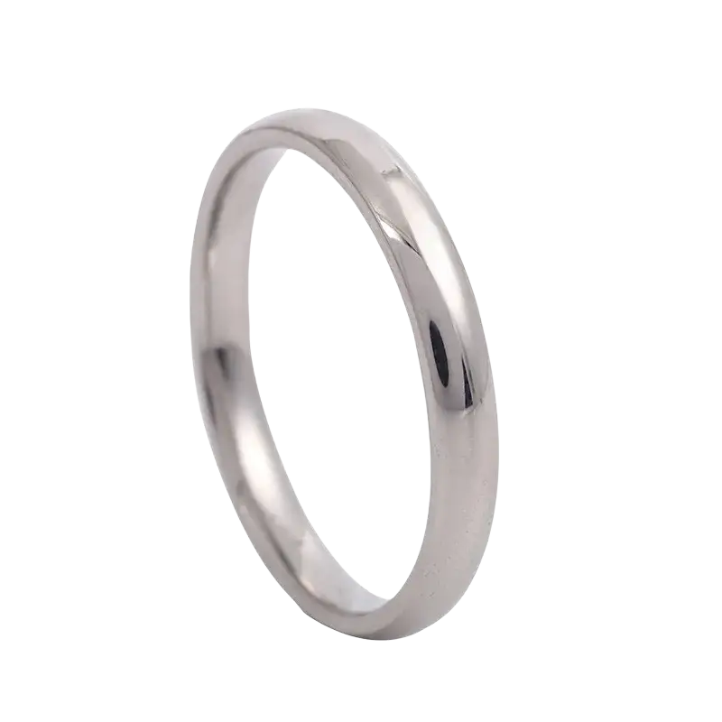 A sleek minimalist stainless steel wedding band with a polished silver finish and subtle beveled edges rose gold tone