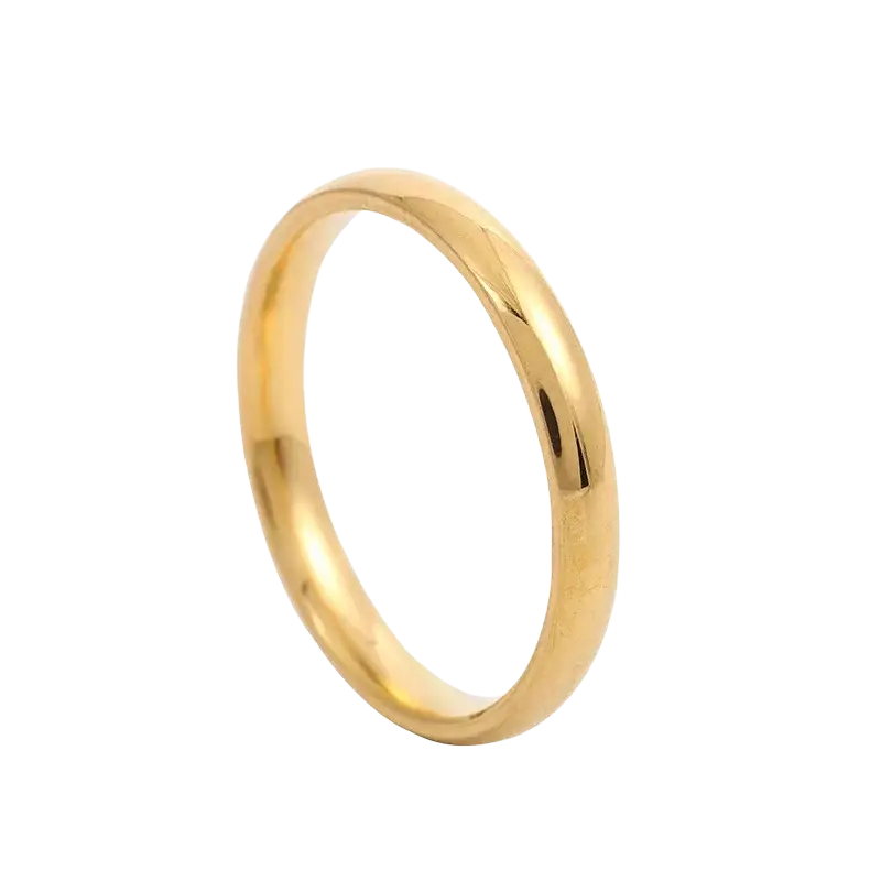 A sleek polished rose gold stainless steel wedding band with a smooth rounded profile and subtle reflective finish