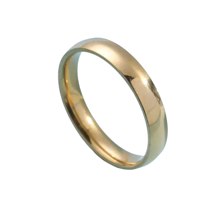 A sleek 6mm rose gold stainless steel wedding band with a smooth rounded profile and reflective finish