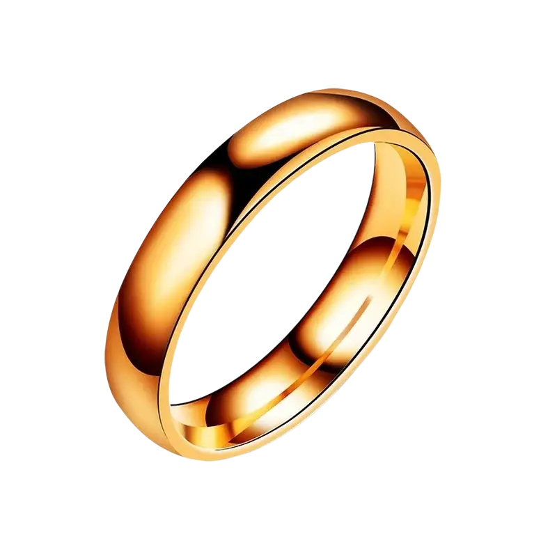 A sleek, polished stainless steel wedding band in rose gold with a smooth rounded profile and subtle inner groove