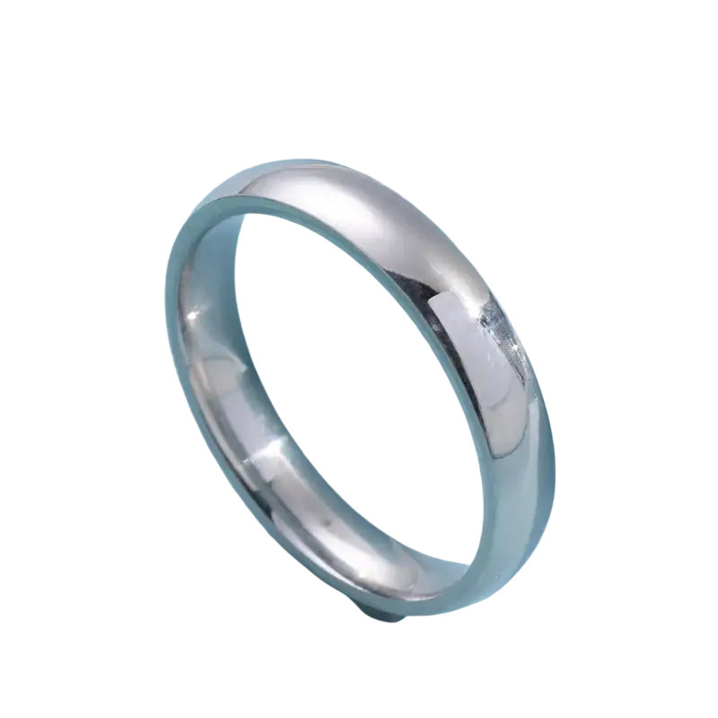 A sleek stainless steel wedding band with a smooth rounded profile and subtle beveled edges in rose gold