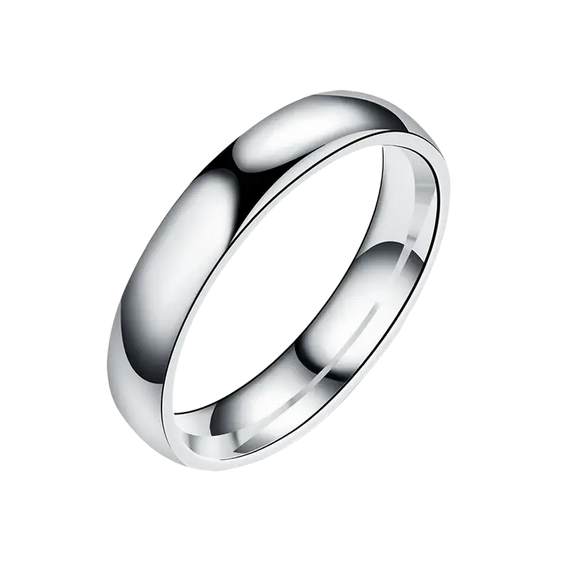 A sleek stainless steel wedding band with a polished silver finish and subtle inner groove for rose gold contrast