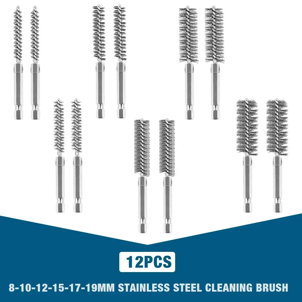 Set of 12 stainless steel wire bore brushes with varying lengths and spiral bristles for cleaning applications