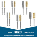 Stainless steel wire bore brush set with 12 brass and stainless steel spiral bristle pipe cleaning brushes for home use