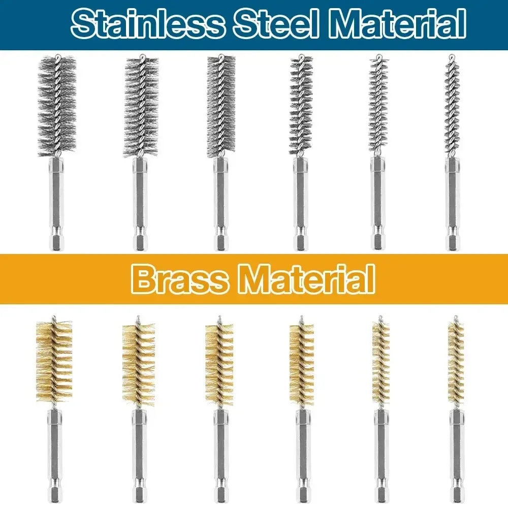 Set of stainless steel and brass wire bore brushes with spiral bristles for precision cleaning tasks