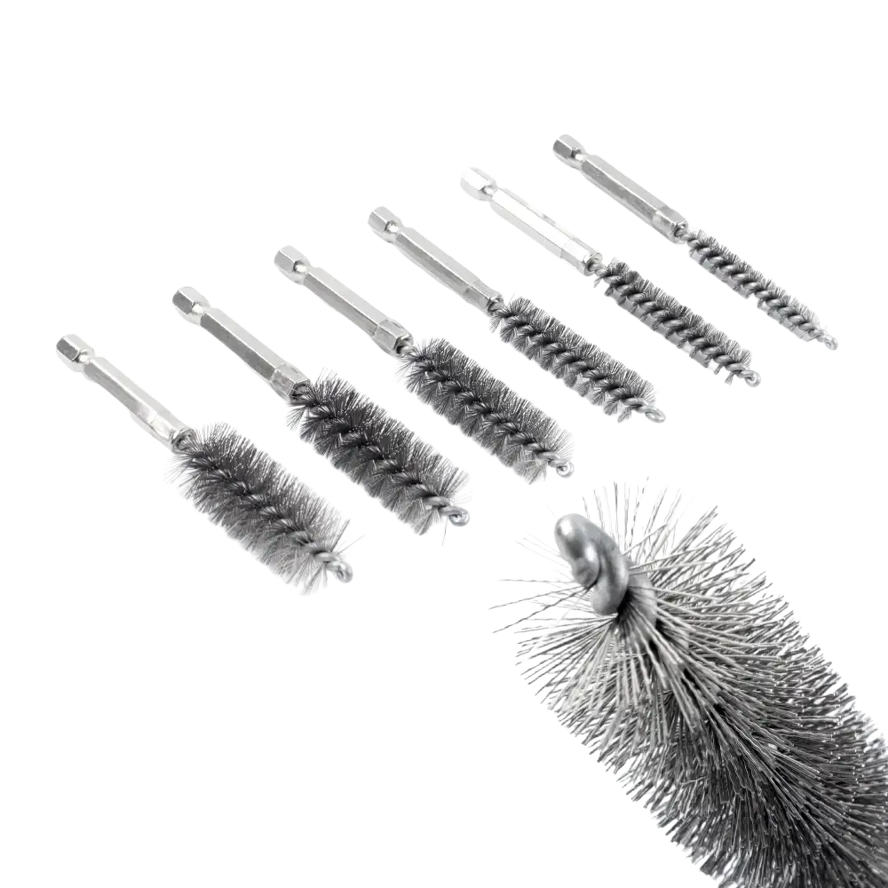 Set of stainless steel spiral wire brush attachments with hexagonal drive ends for precision cleaning