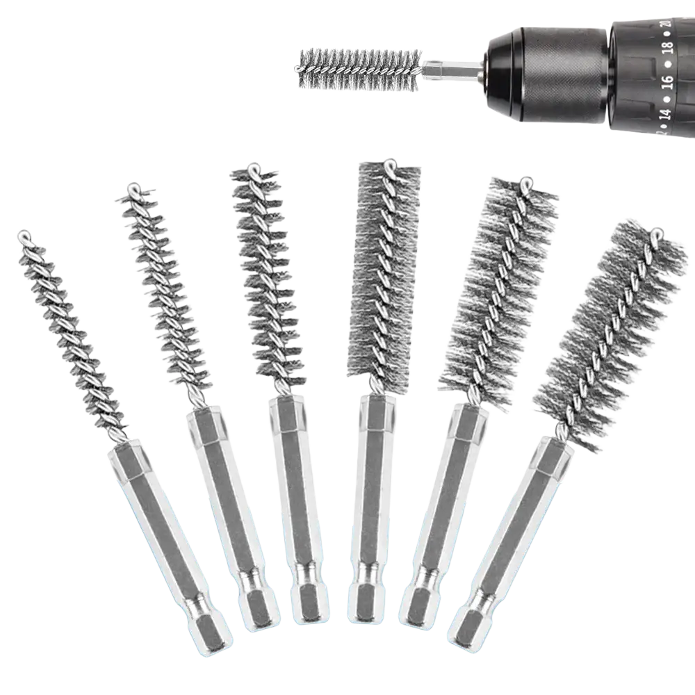 Set of six stainless steel wire bore brushes with hexagonal shank for cleaning precision tools in silver color