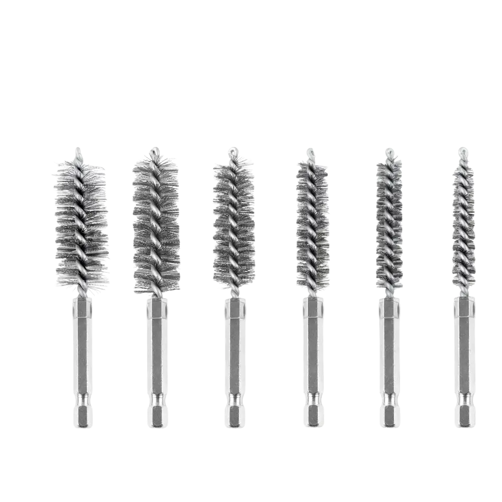Set of six stainless steel wire bore brushes with spiral bristles and metallic handles in varying diameters