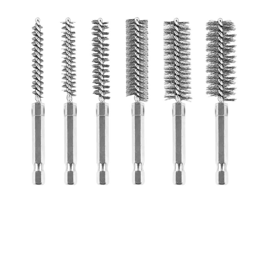 Set of six stainless steel wire bore brushes with varying spiral bristle sizes for detailed cleaning tasks