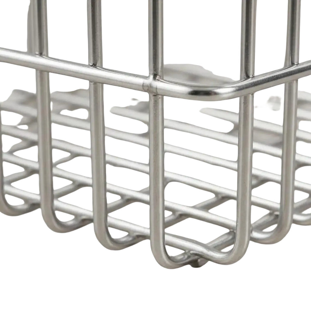 Stainless steel wire storage basket organizer with a sleek modern design and rounded edges in silver color