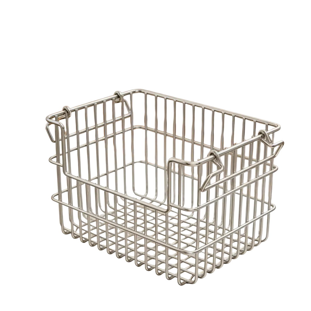 Rectangular stainless steel wire storage basket organizer with shiny metallic finish and reinforced handles