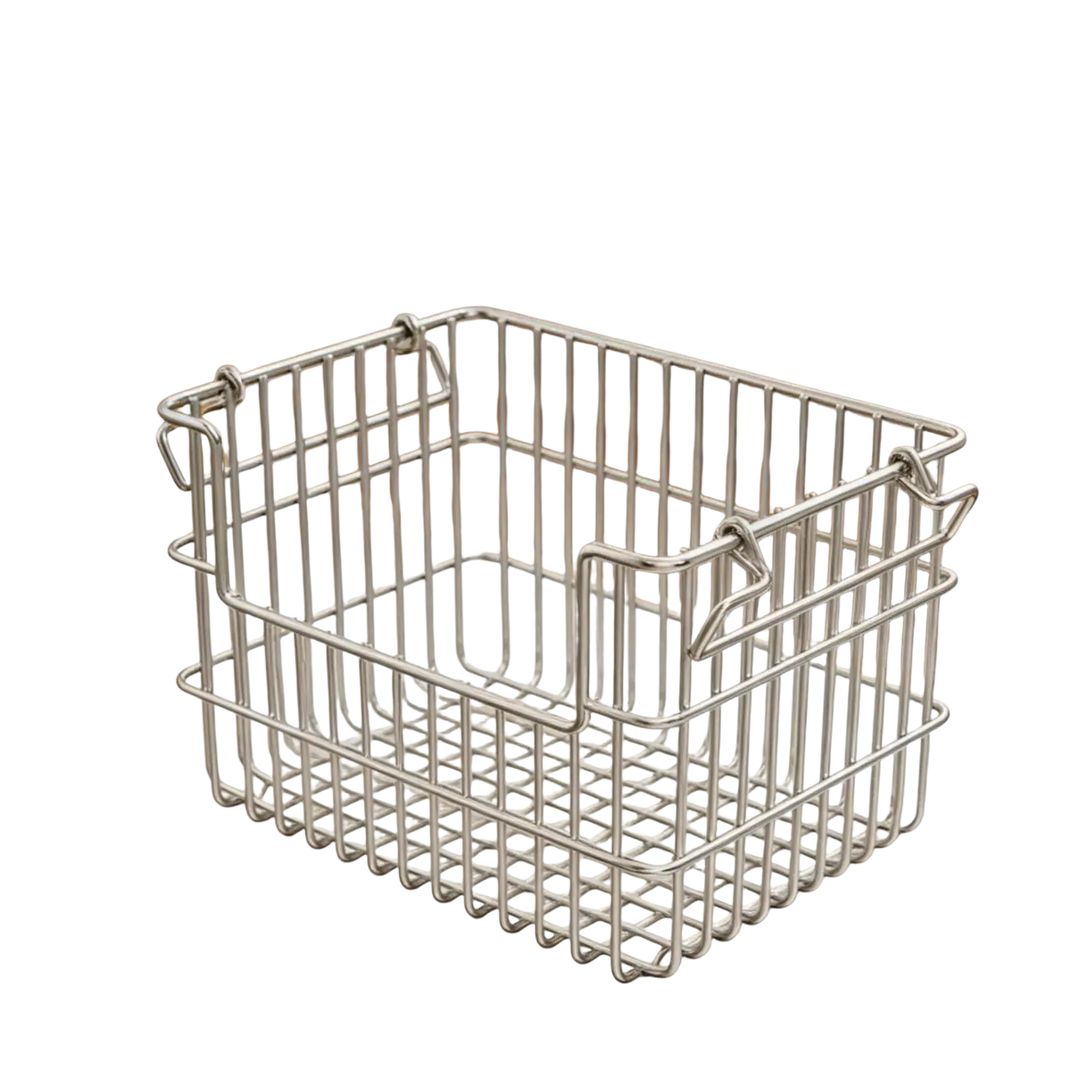 Rectangular stainless steel wire storage basket organizer with shiny metallic finish and reinforced handles