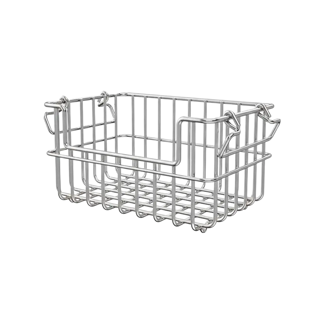Rectangular stainless steel wire storage basket with reinforced handles and grid-bottom design for organizing