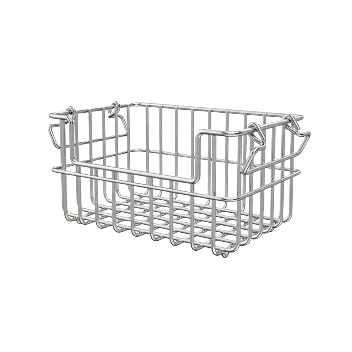Rectangular stainless steel wire storage basket with reinforced handles and grid-bottom design for organizing