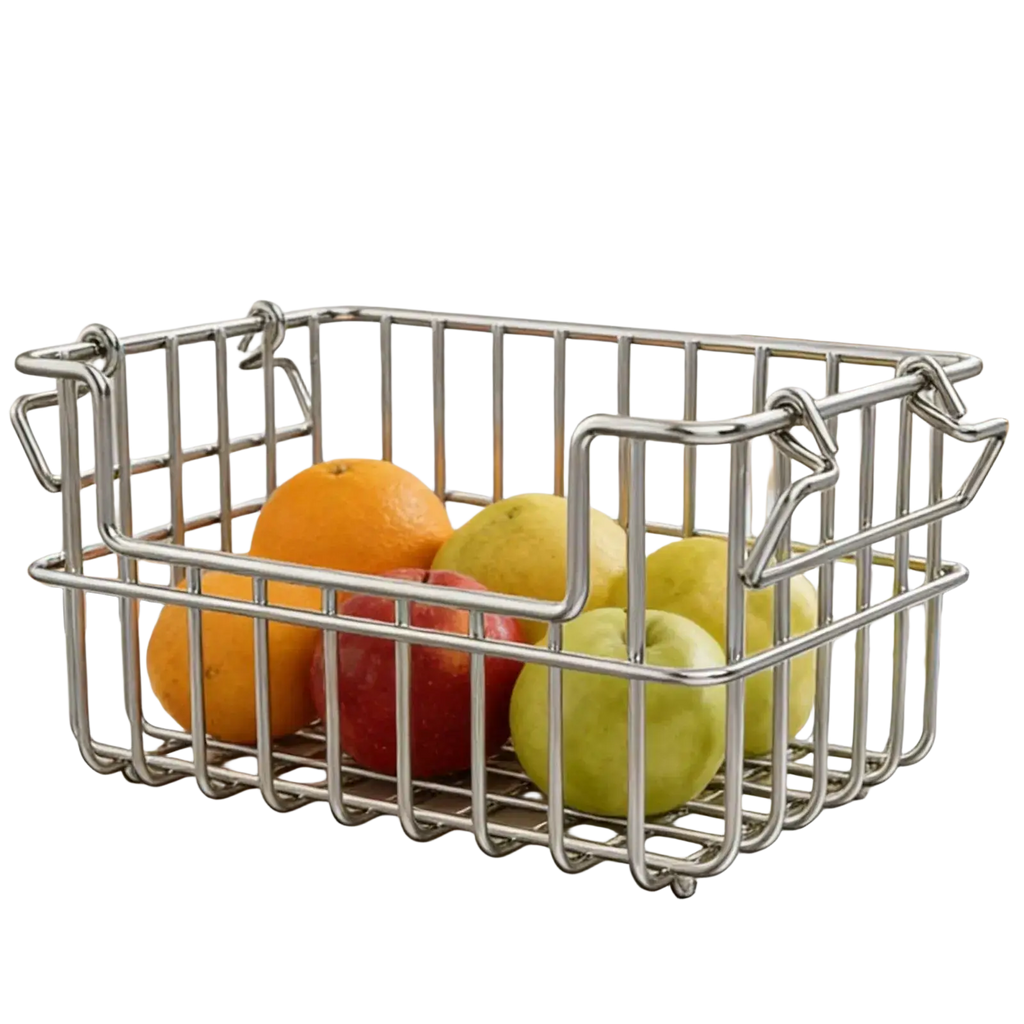 Rectangular stainless steel wire storage basket organizer with reinforced handles and grid design for fruit storage