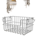 Silver stainless steel wire storage basket organizer with reinforced handles and a grid pattern for durable storage