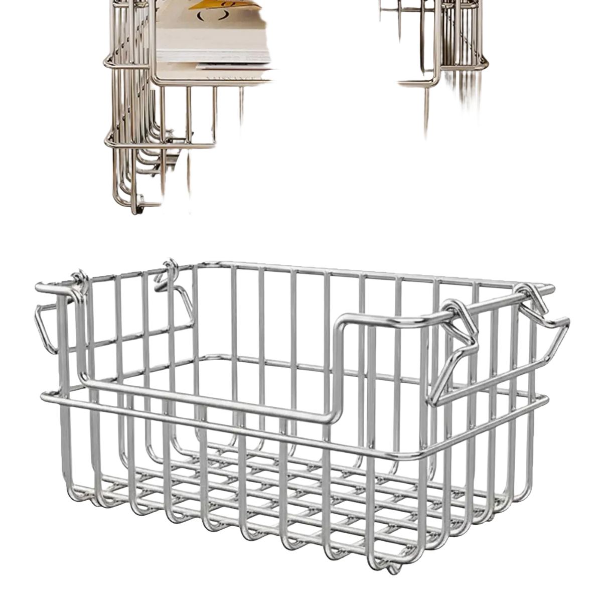 Silver stainless steel wire storage basket organizer with reinforced handles and a grid pattern for durable storage