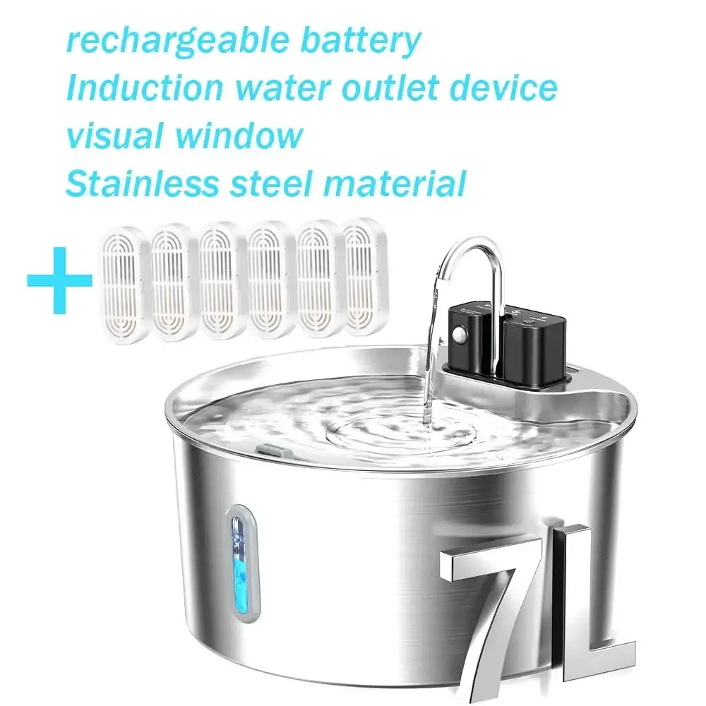 Stainless steel wireless cat water fountain 7l with rechargeable induction pump black control unit and white filter cartridges