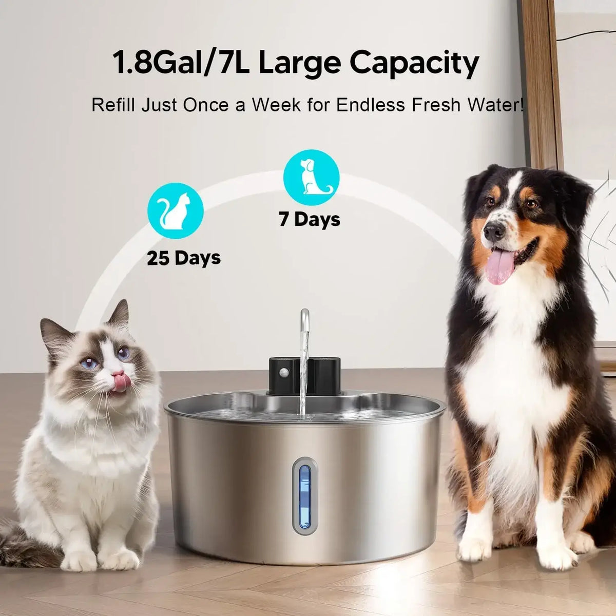 Stainless steel wireless cat water fountain with 1.8 gallon capacity and blue led indicator window
