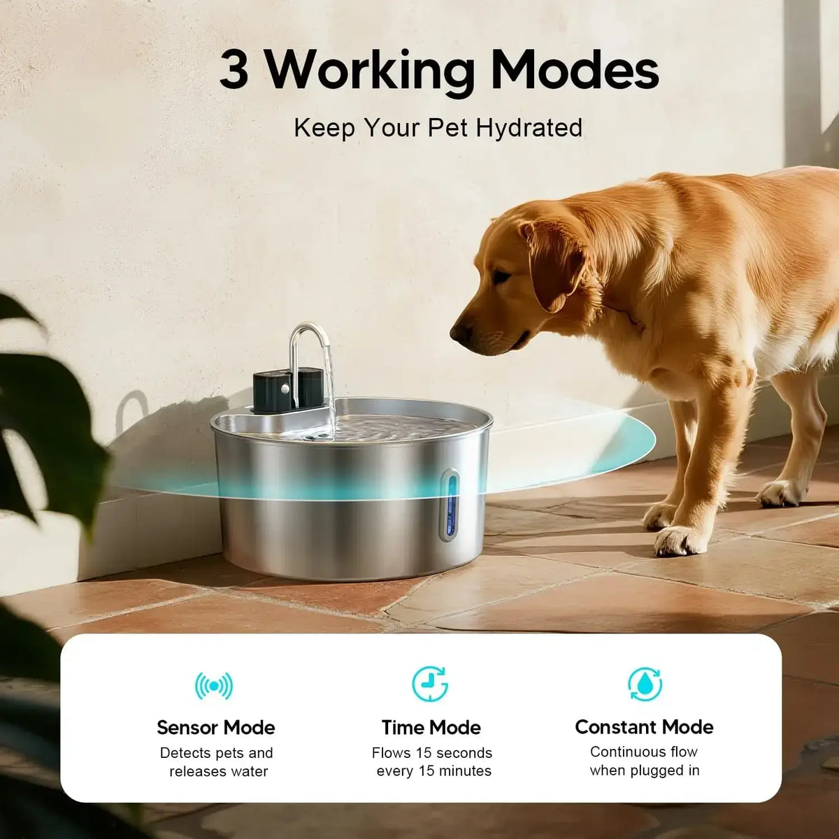 Stainless steel wireless cat water fountain 7l with sleek modern design and three modes for pet hydration