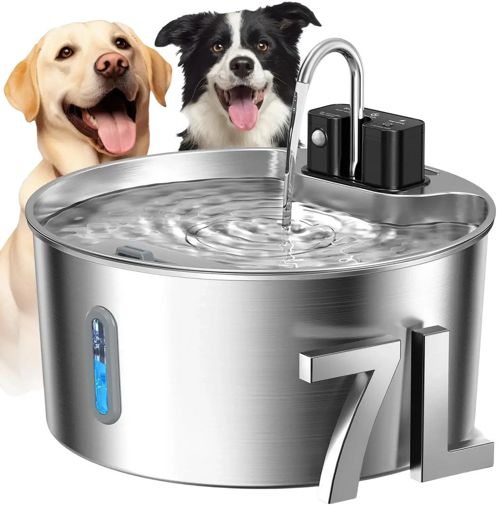 Stainless steel wireless cat water fountain 7l with sleek brushed finish and black control unit for pet hydration