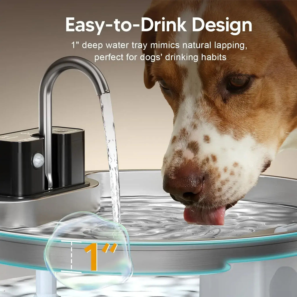 Stainless steel wireless cat water fountain in silver and black with 1 inch deep tray mimicking natural lapping