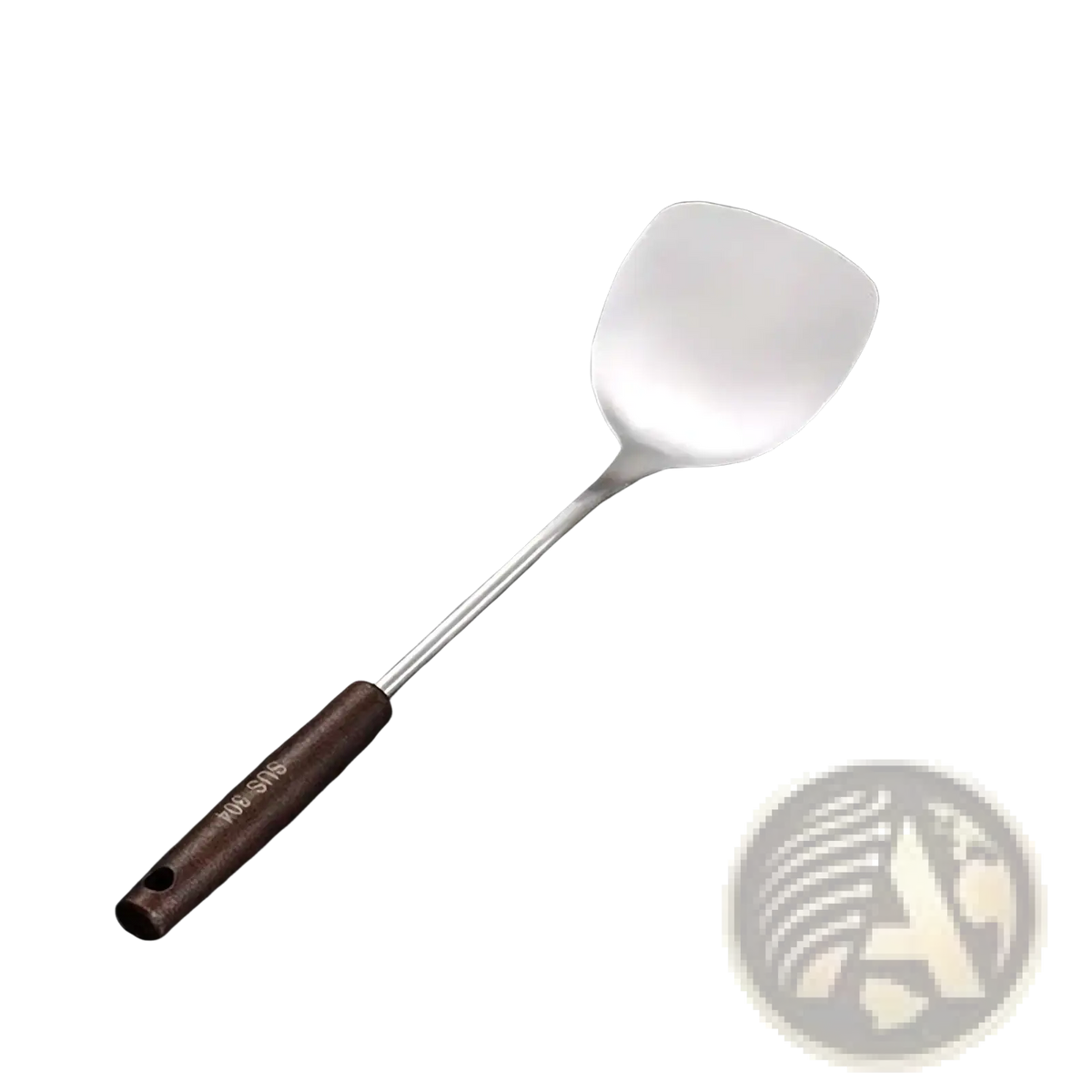 Silver stainless steel wok spatula with dark brown wooden handle from a stainless steel wok spatula and ladle set