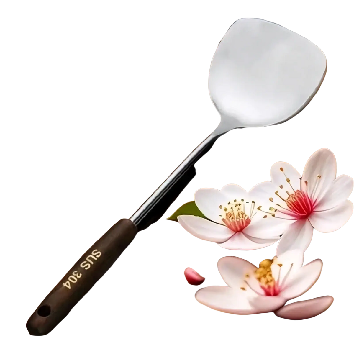 A stainless steel wok spatula with a dark wooden handle engraved sus 304 resting on a rustic wooden surface