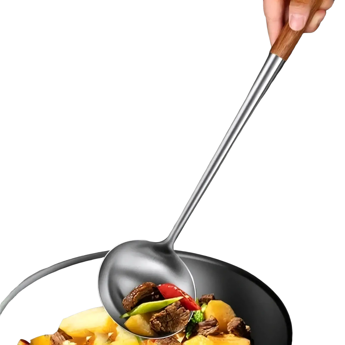 A sleek stainless steel ladle with a wooden handle designed for larger spoon capacity in a wok spatula set