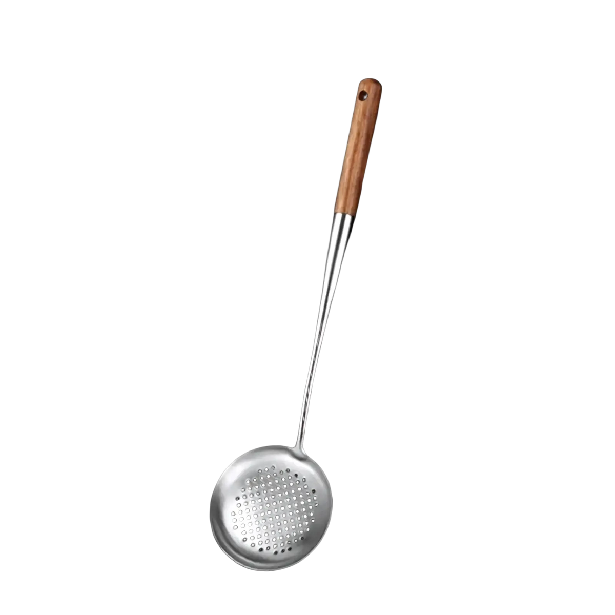 A sleek 304 stainless steel colander with perforated bowl and rosewood handle in stainless steel wok spatula and ladle set