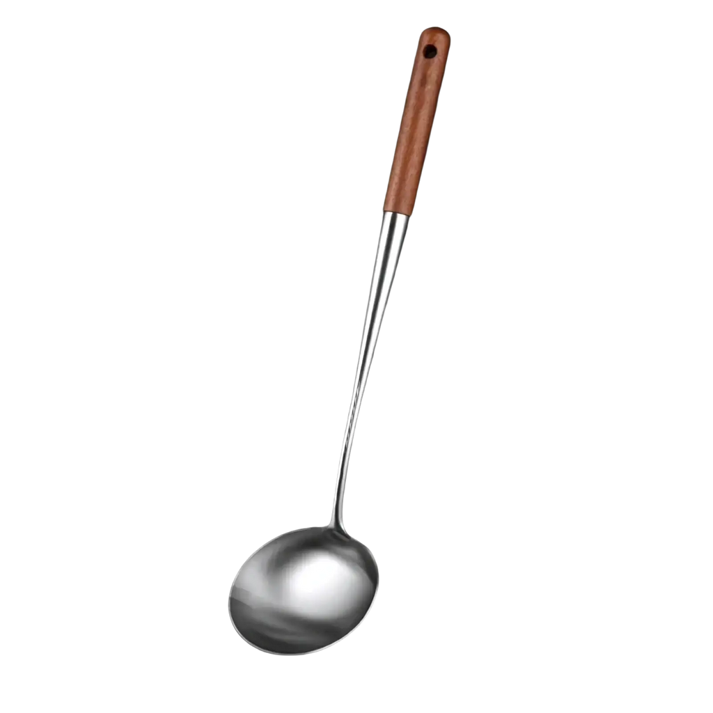 A stainless steel wok spatula with a polished 304 steel bowl and smooth rosewood handle for cooking