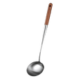 A stainless steel wok spatula with a polished 304 steel bowl and smooth rosewood handle for cooking