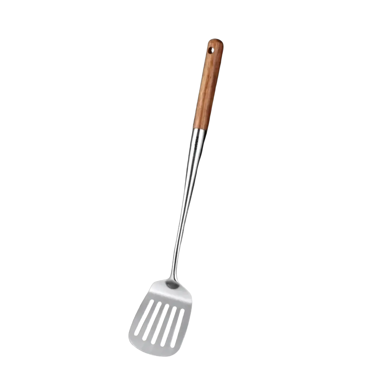 Stainless steel wok spatula with polished slotted 304 stainless head and rosewood handle for cooking use