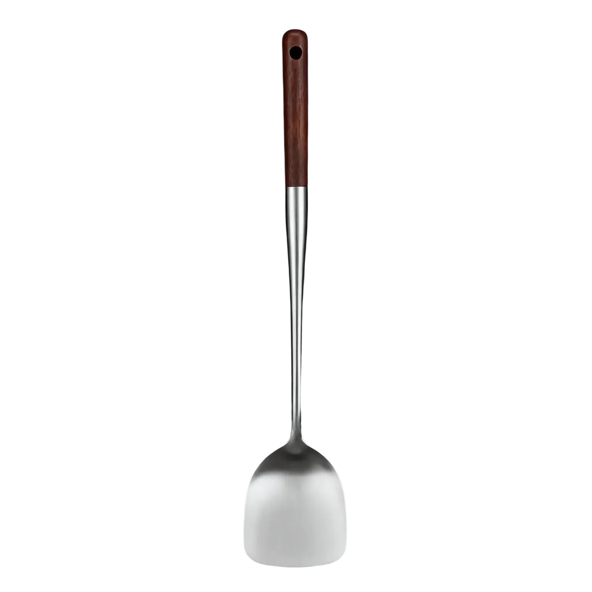A stainless steel wok spatula with a polished reflective surface and a rich brown wooden handle