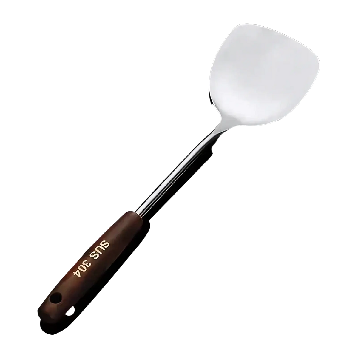 A stainless steel wok spatula with a sleek dark brown wooden handle engraved sus 304 for durable cooking use
