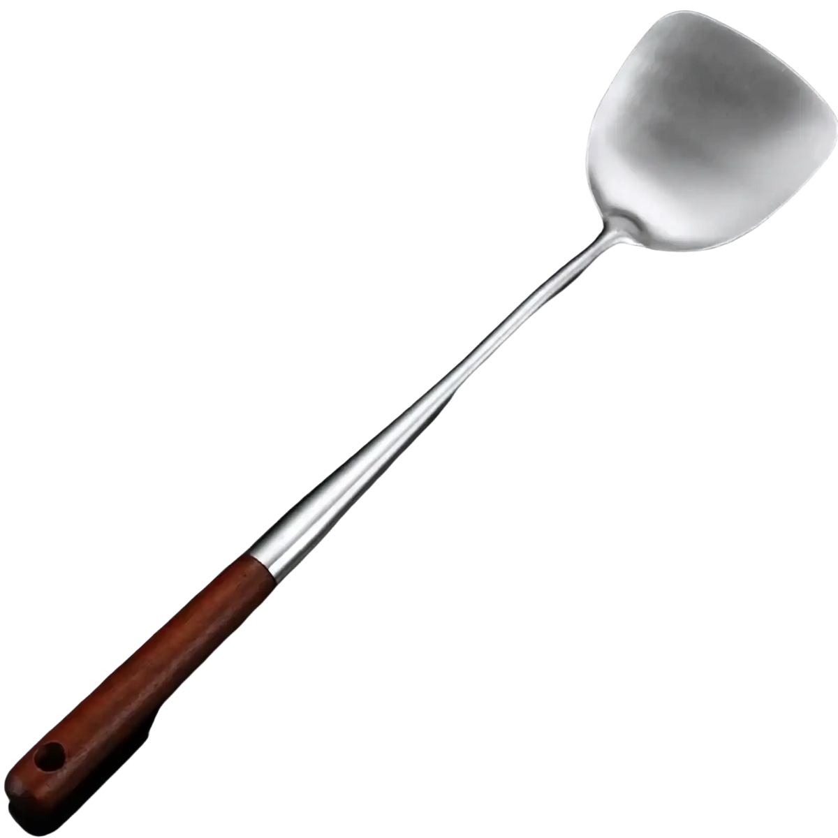 Stainless steel wok spatula with a polished thick head and a long handle featuring a brown wooden grip