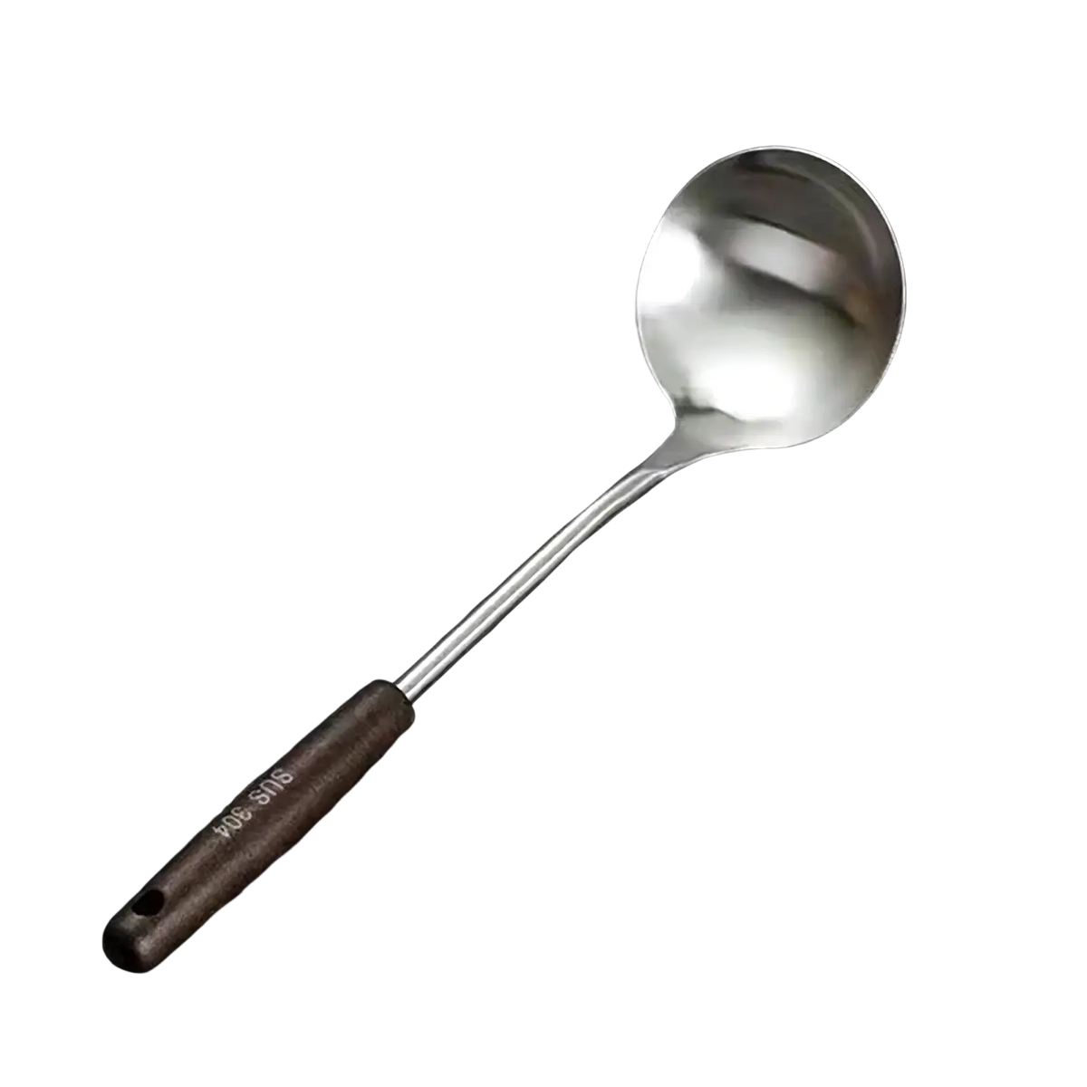 A stainless steel wok spatula and ladle set featuring a sleek ladle with a dark brown wooden handle and sus 304 marking