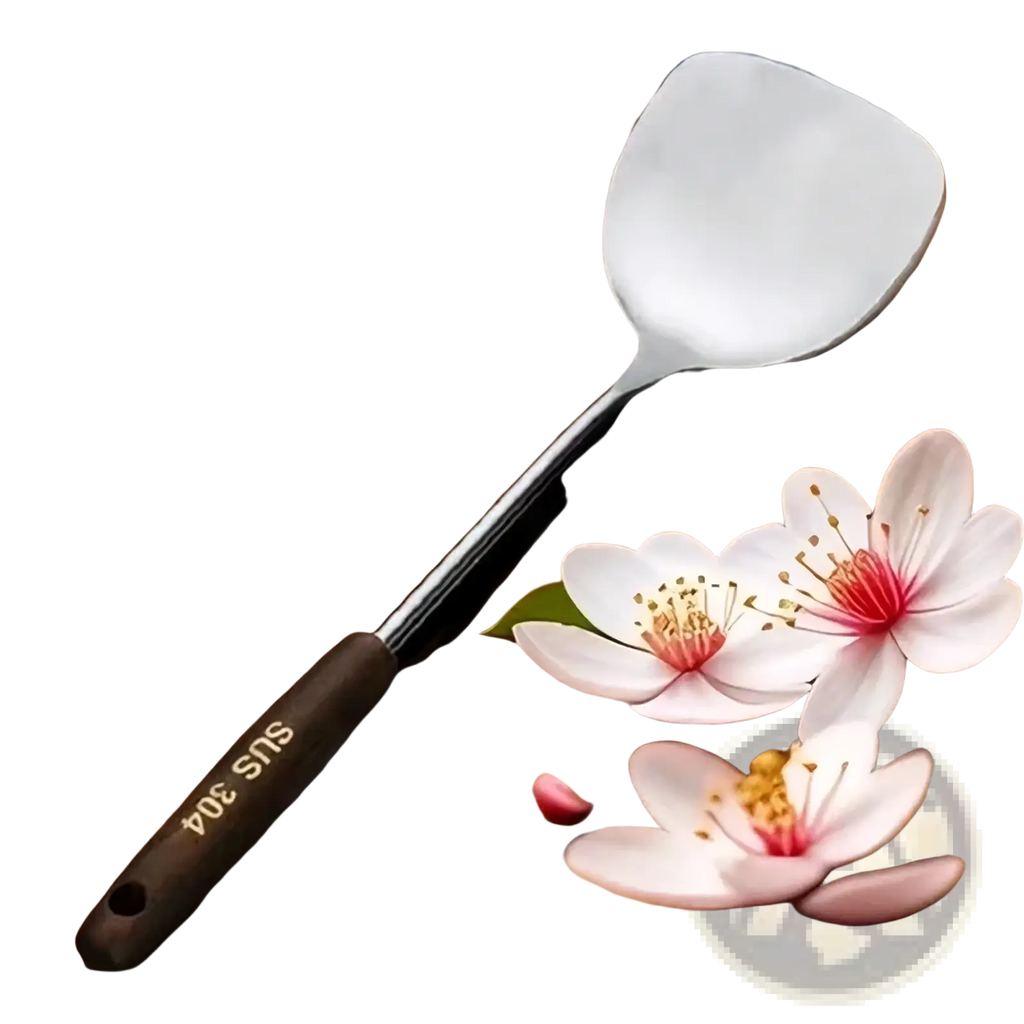 A stainless steel wok spatula with a dark wooden handle engraved sus 304 resting on a rustic wooden surface