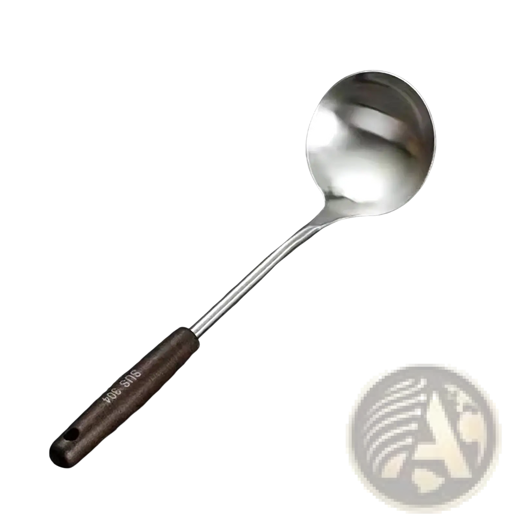 A stainless steel wok spatula and ladle set featuring a sleek ladle with a dark brown wooden handle and sus 304 marking