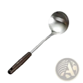 A stainless steel wok spatula and ladle set featuring a sleek ladle with a dark brown wooden handle and sus 304 marking