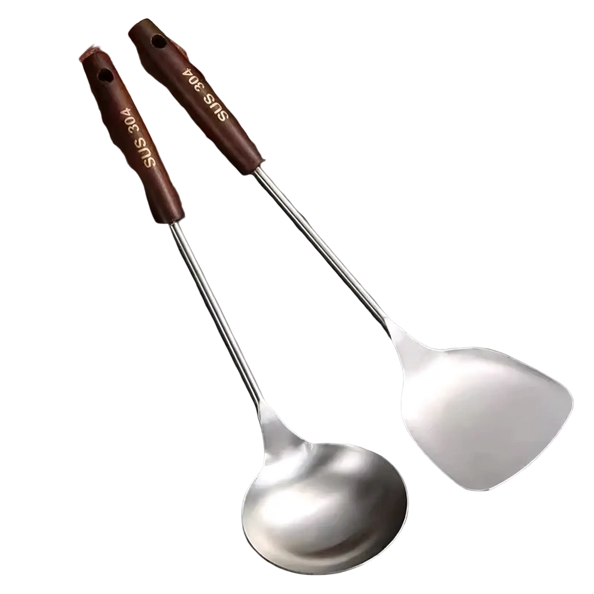 Set of two stainless steel kitchen utensils with brown wooden handles including a ladle and spatula