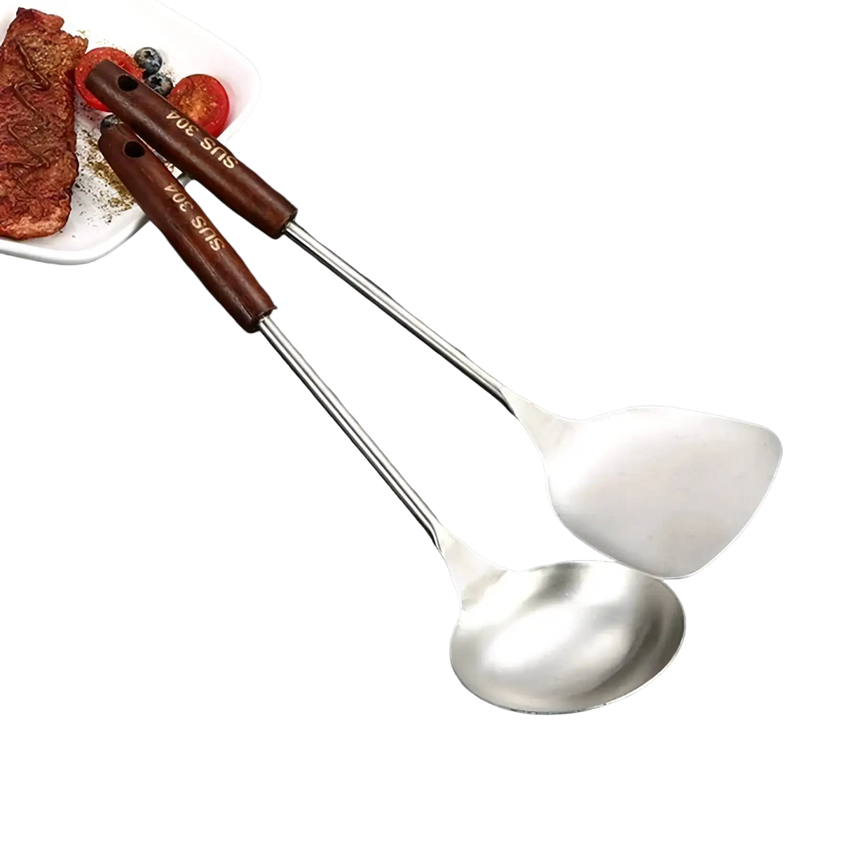 Set of two stainless steel wok utensils with dark brown wooden handles featuring a spoon and angled spatula